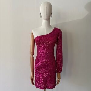 BB Dakota by Steve Madden Fuchsia Sequin One-Shoulder Mini Dress XS